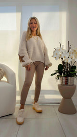 1228 V-neck sweater embroidery star elbow detail