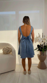 3590 Denim mini dress with bow back
