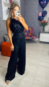 0723 Sequin waist cut out jumpsuit