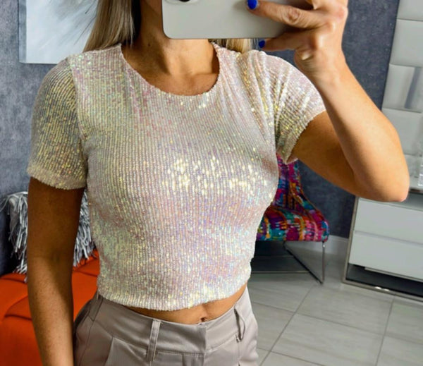 T347 Sequin short crew neck top