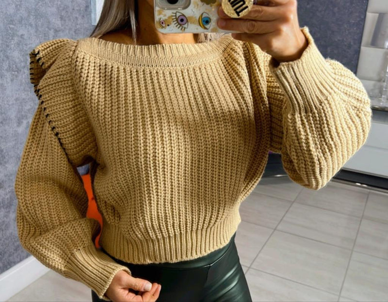 2139 Oblique collar knit plain sweater
