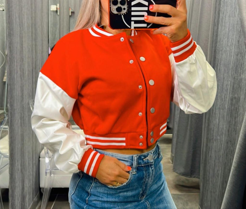 2317 Faux leather sleeves varsity jacket