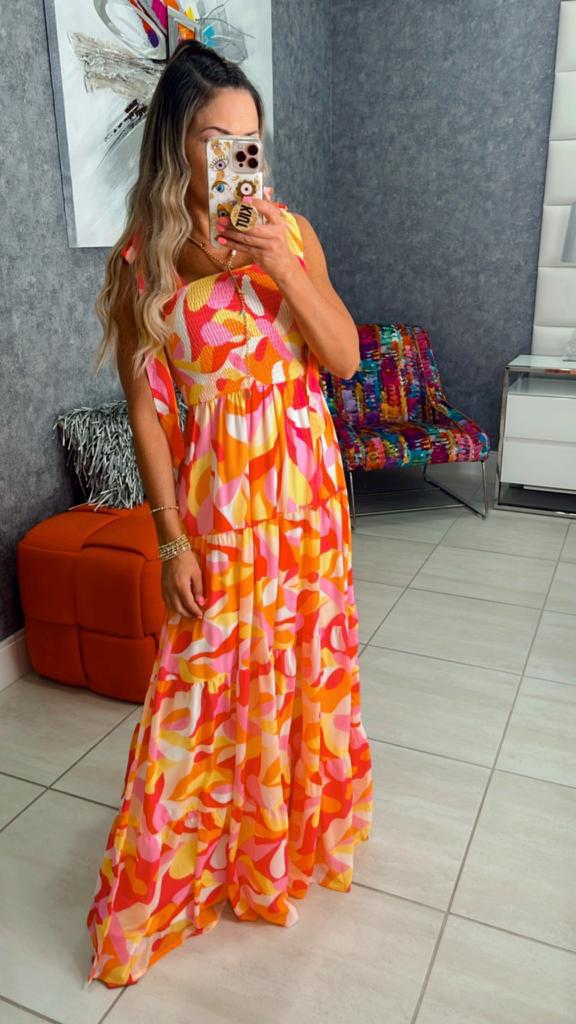 9449 Printed maxi dress with shoulder tie