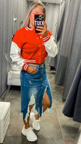 2317 Faux leather sleeves varsity jacket