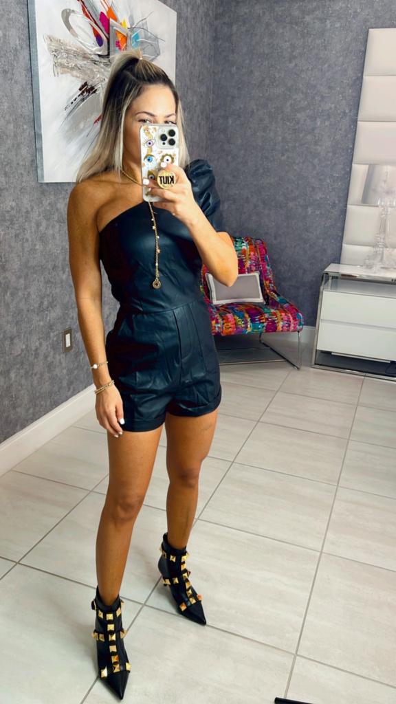 9521 One shoulder leather romper