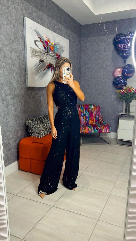 0723 Sequin waist cut out jumpsuit