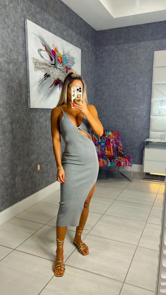 3094 Cross over neck cutout side slit midi dress