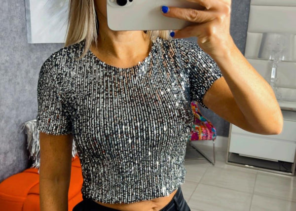 T347 Sequin short crew neck top